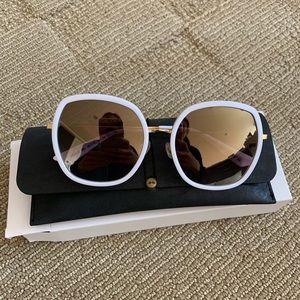 Oversized square sunglasses white trim gold frame